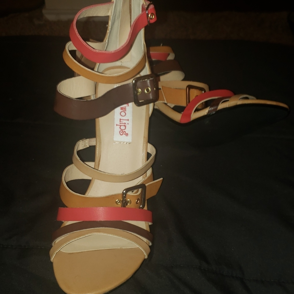 Tan, Brown, And Red Strappy Heels